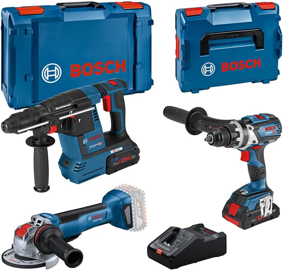 Bosch Professional Bohrmaschinensets, 4,0 Ah, 8.0 Ah, 18 V, Blau/Schwarz/Rot, Combo Kit GSR -110C + GWX -10 P + GBH -26 F (inkl. 1x