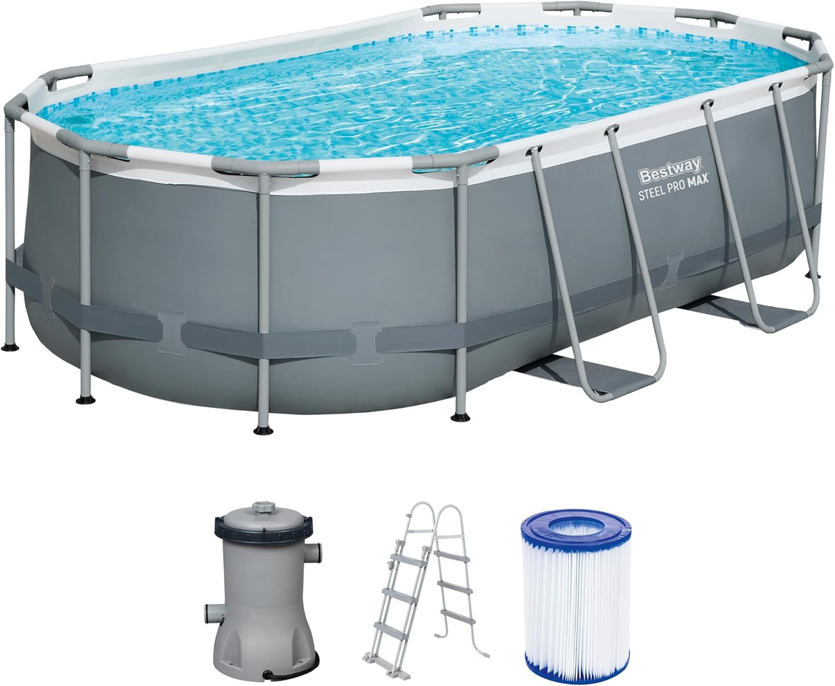 Bestway Stahlrahmenpool, 427 x 250 x 100 cm, grau, Power Steel Frame Pool Set mit Filterpumpe, oval