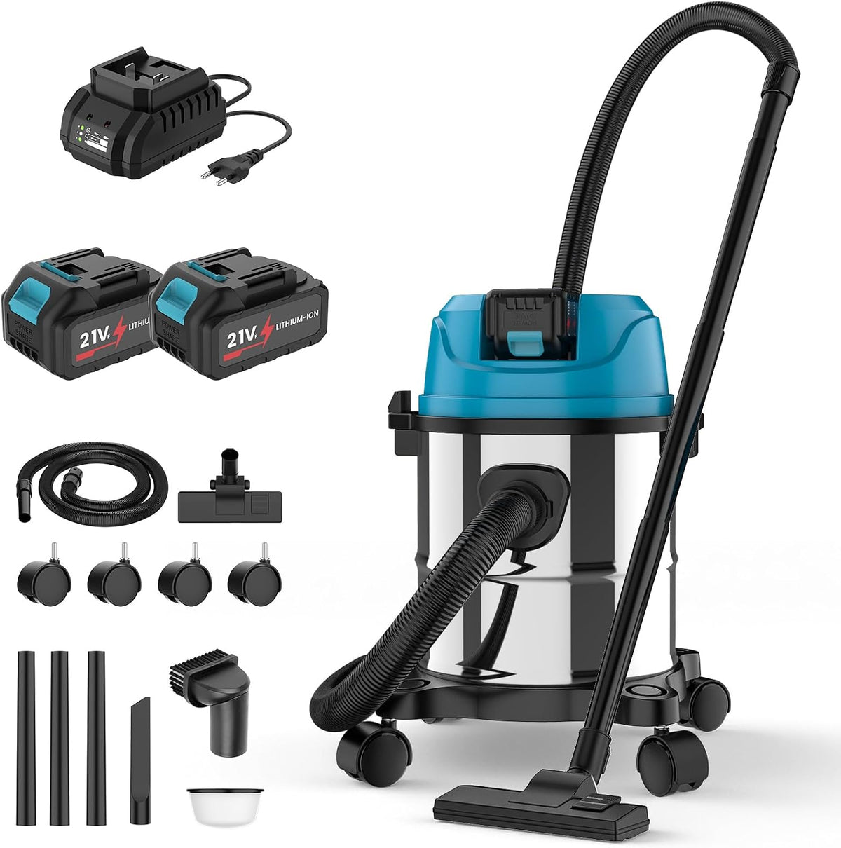 Sulobom Nass-,Trockensauger für Werkstätten, 1200 W, 21 V, 15 L, 2 m, Edelstahl, Schwarz
