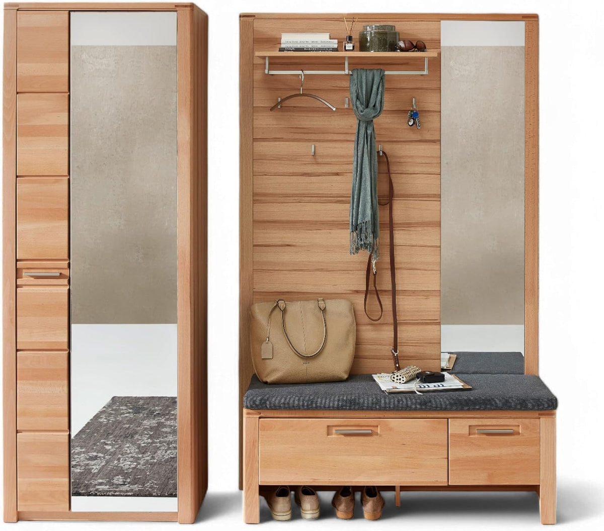 Stella Trading Sitzbänke & -truhen, 209 x 201 x 40 cm, Holz, Nature ONE Flurgarderoben Set in Kernbuche Teil-massiv