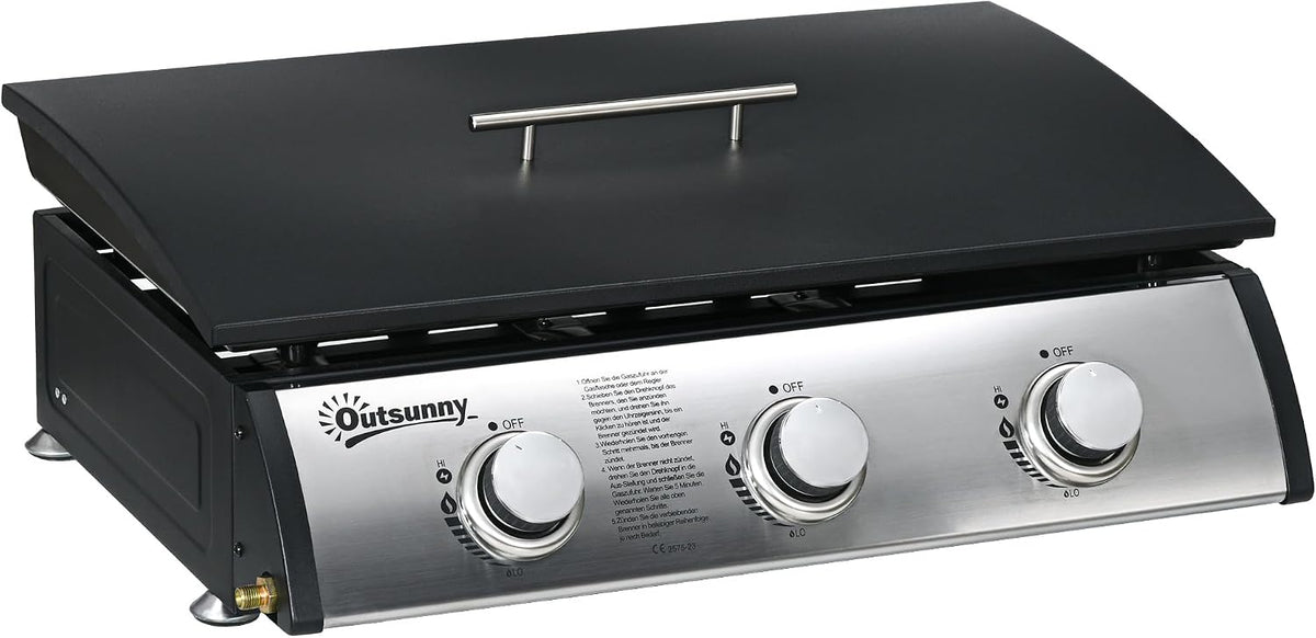 Outsunny Gasgrill, 61 × 35,5 cm, 7,5 kW, Schwarz, mit 3 Brenner Grillfläche tragbarer Tischgrill mit Deckel
