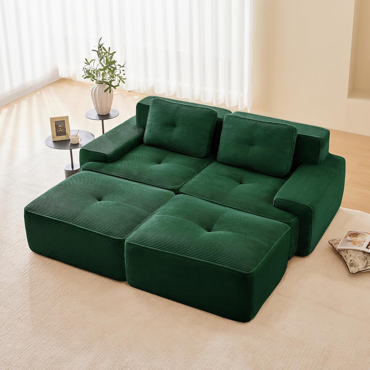 Sofa Dolamaní, Grün, Boneless Modular 2-Sitzer- + 2 Hockern Cord, montagefrei, Tiefem Sitz, modernes Eck Eckcouch Couch