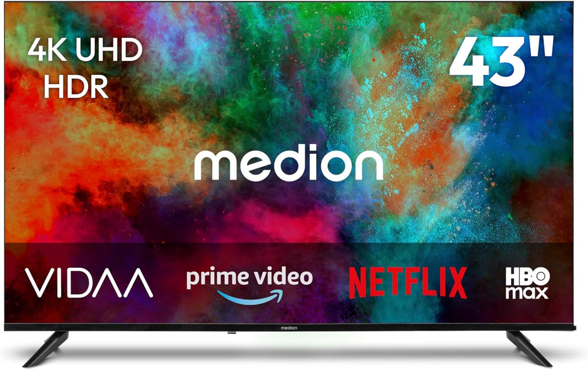 MEDION Fernseher, 43 Zoll, 108 cm, Schwarz, Smart TV, Ultra HD (Smart-TV, HDR10, VIDAA Store, HBO Max, MagentaTV
