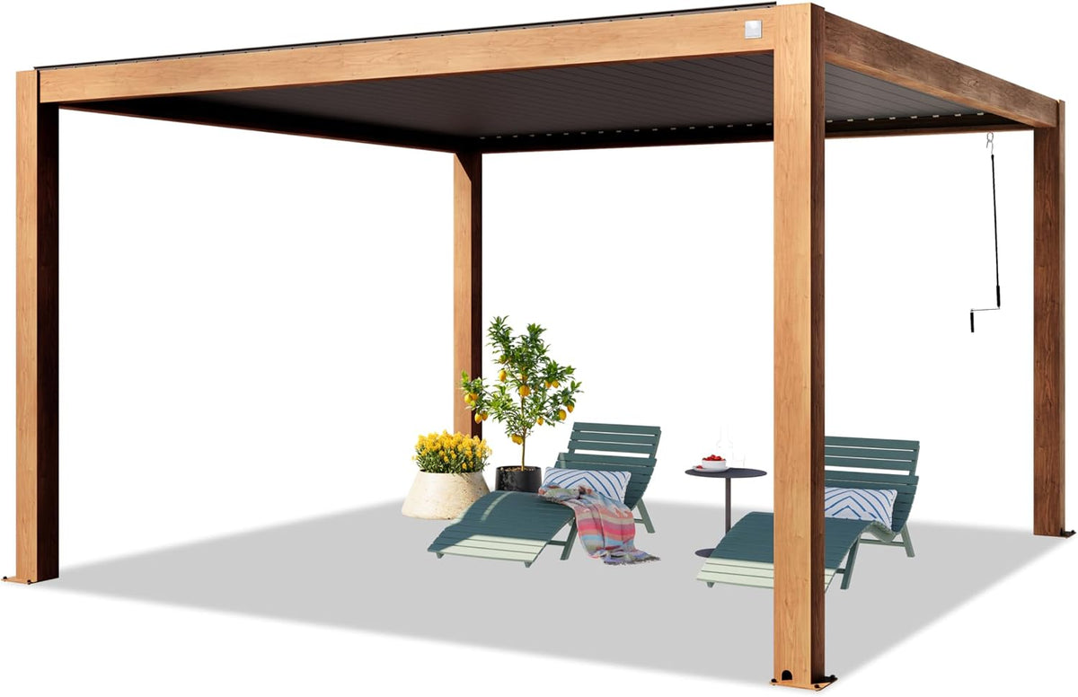 TOOLPORT Pavillon, Holzfarbe/Schwarz, PRIMEYARD Pergola 4x4 m Aluminium Pfosten mit Lamellendach