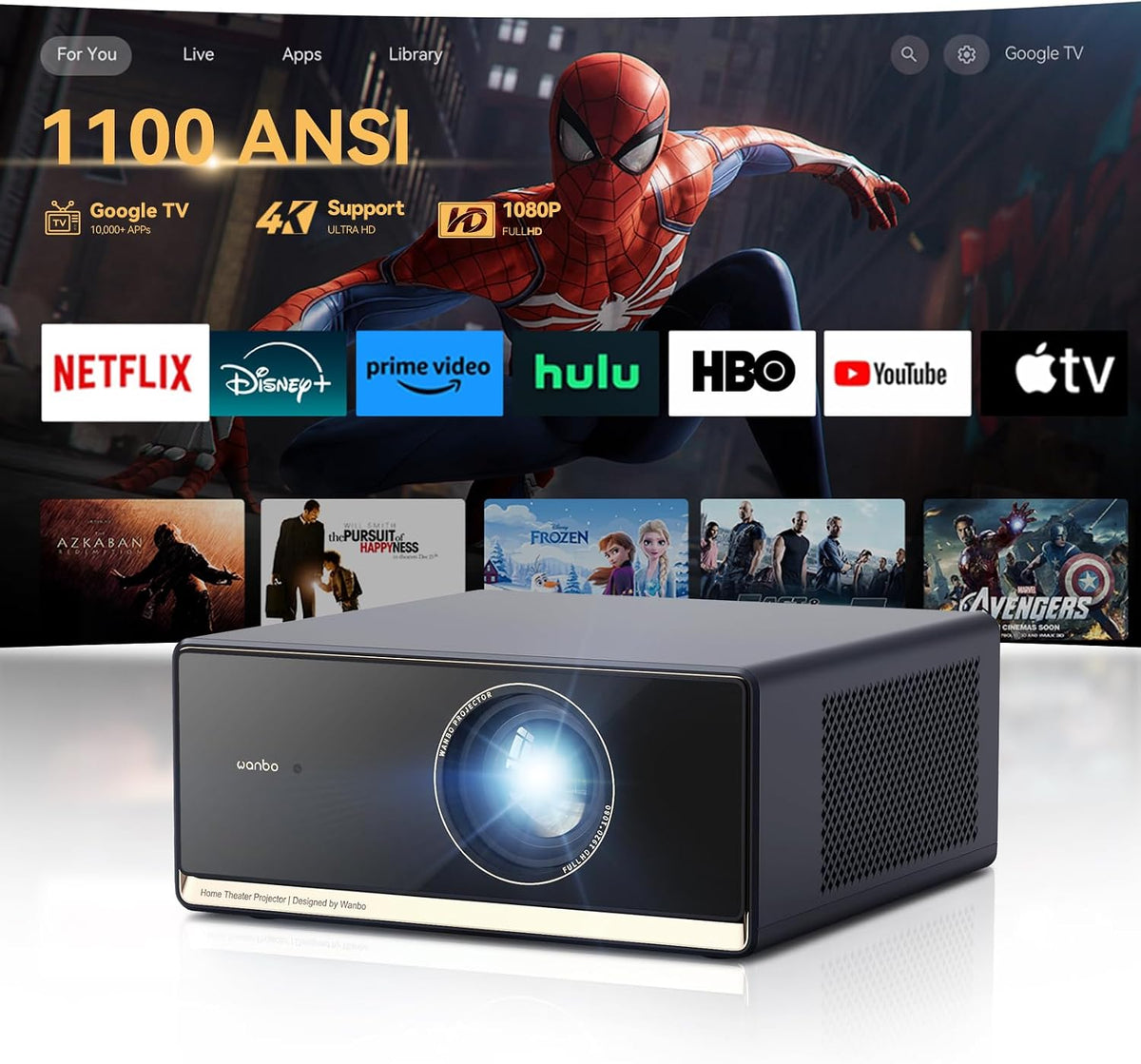 WANBO Beamer, Schwarz, X5 Pro 4K HDR 10 Google TV Netflix 1100ANSI, Heimkino/Outdoor