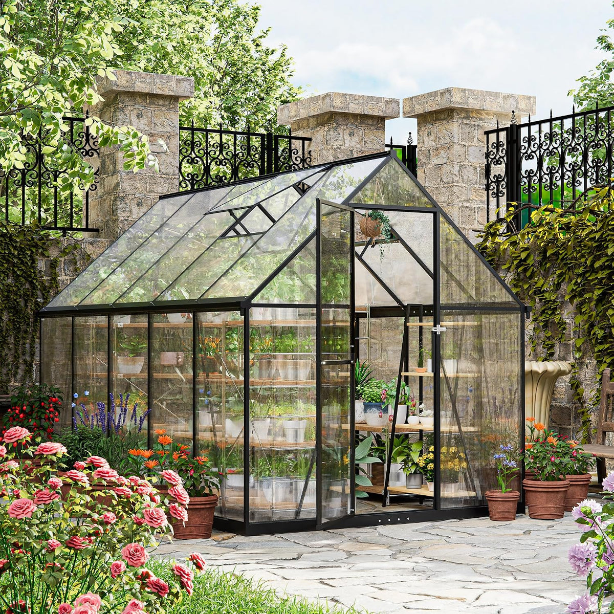 ALAULM Gewächshaus, 175x281x195 cm, Schwarz, Polycarbonat-, mit abschließbarer Tür, Satteldach, Lüftungsfenster & Regenrinnen