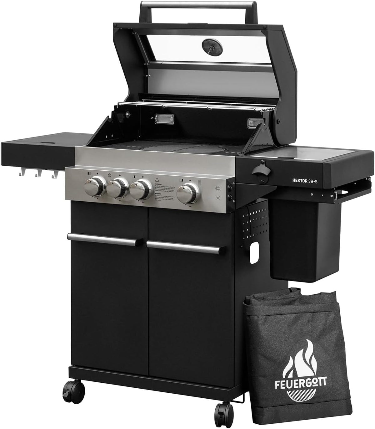 FEUERGOTT Gasgrill, Schwarz/Silber, Hektor 3B-S Edelstahl station 3 Brenner, Infrarot Sear-Brenner, Gusseisen-Grillrost