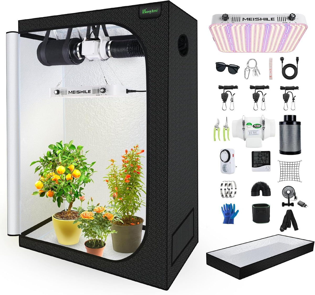 BOSYTRO Zuchtzelte, 120x60x180 cm, 200 W, Schwarz/Weiß, Growzelt Komplettset, LED Grow Lampe Vollspektrum, Growzelt Indoor