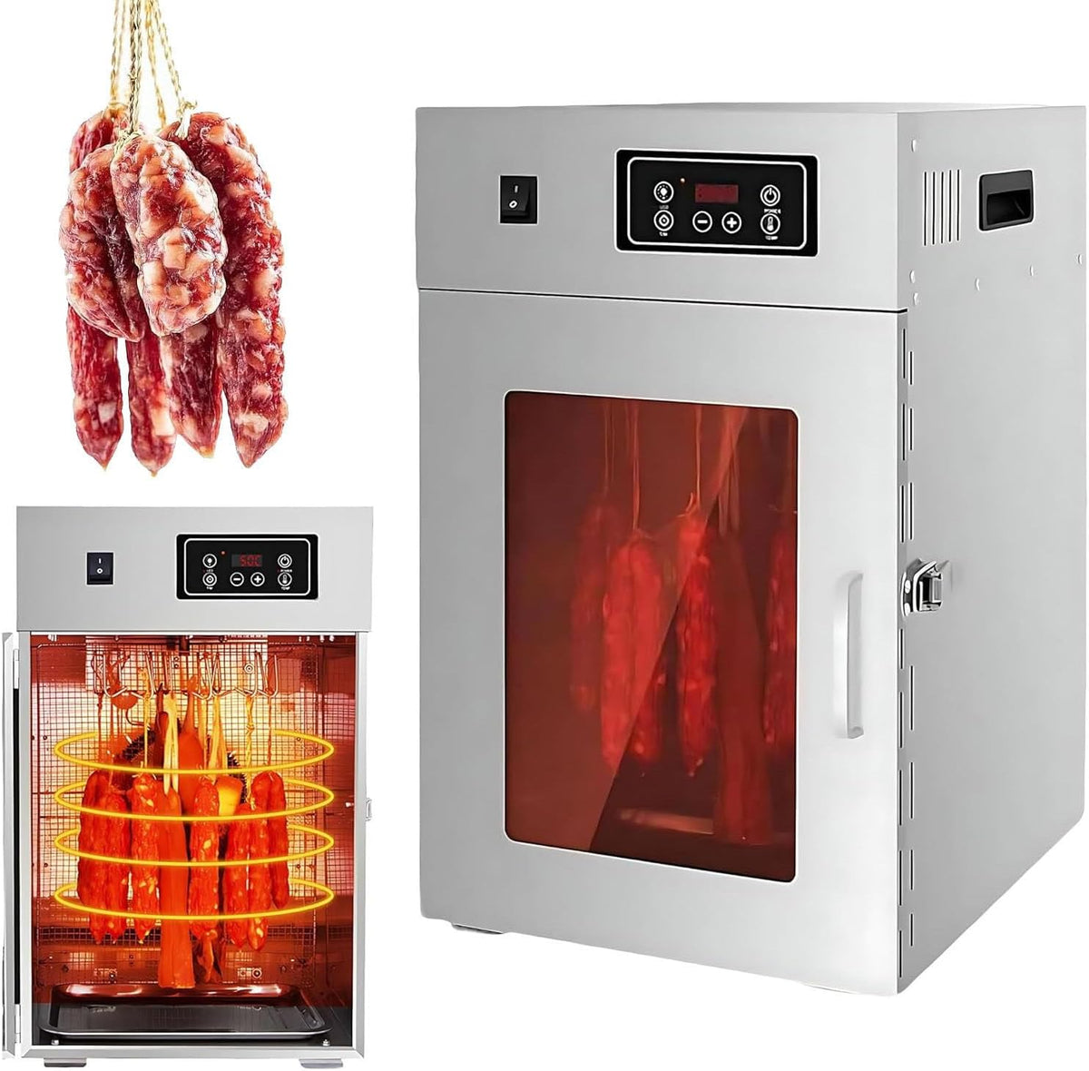 ZHLINGQ Dörrautomaten, 15 kg, Silber, 360° Drehbarer Fleischtrockner, 14/30 Haken, Gewerblicher Lebensmitteltrockner