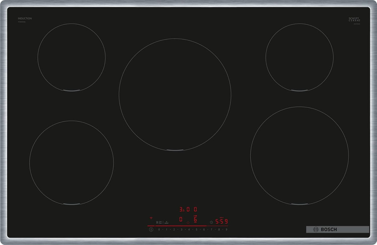 Bosch Kochfeld, 80 cm, Schwarz, PIV845HB1E Serie 6 Smartes Induktions (autark), breit, Umlaufender Rahmen, basierte Haubensteuerung