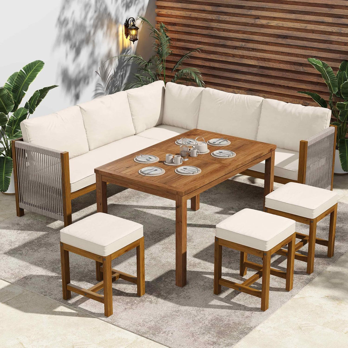 Lahoomu Sofa, Beige, Sitzgruppe Gartenmöbel Akazie & Rattan, Eckcouch Set für 7-8 Personen mit Tisch & Hocker, Balkonset & Terrassenmöbel