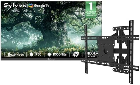 SYLVOX Fernseher, 65 Zoll, Schwarz, Outdoor, 4K Randloser Smart Google TV mit 1000 nits, Sprachassistent, Dolby Atmos