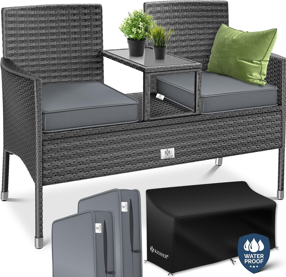 KESSER Sitzbank, 143x63x88 cm, Anthrazit, Polyrattan Gartenbank mit Tisch, 2 Sitzer, Gartenbank wetterfest, Outdoor