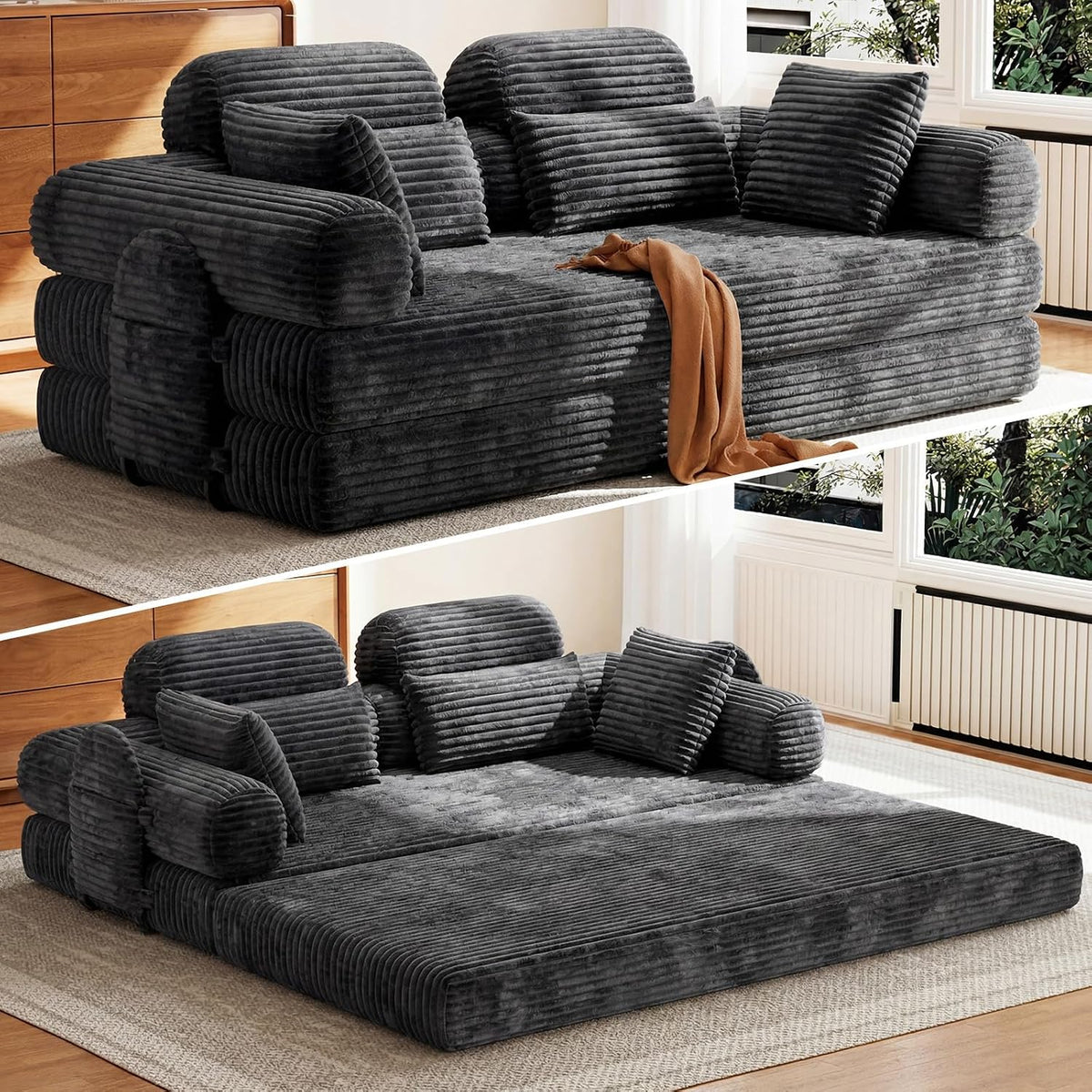 Sofa HOMRELEXA, 200 cm, Grau, Schlaf Breit, Boneless Couch, Boden Bed mit Hohe Rückenlehne, Abnehmbare Integrierte Kopf- und Lendenstütze