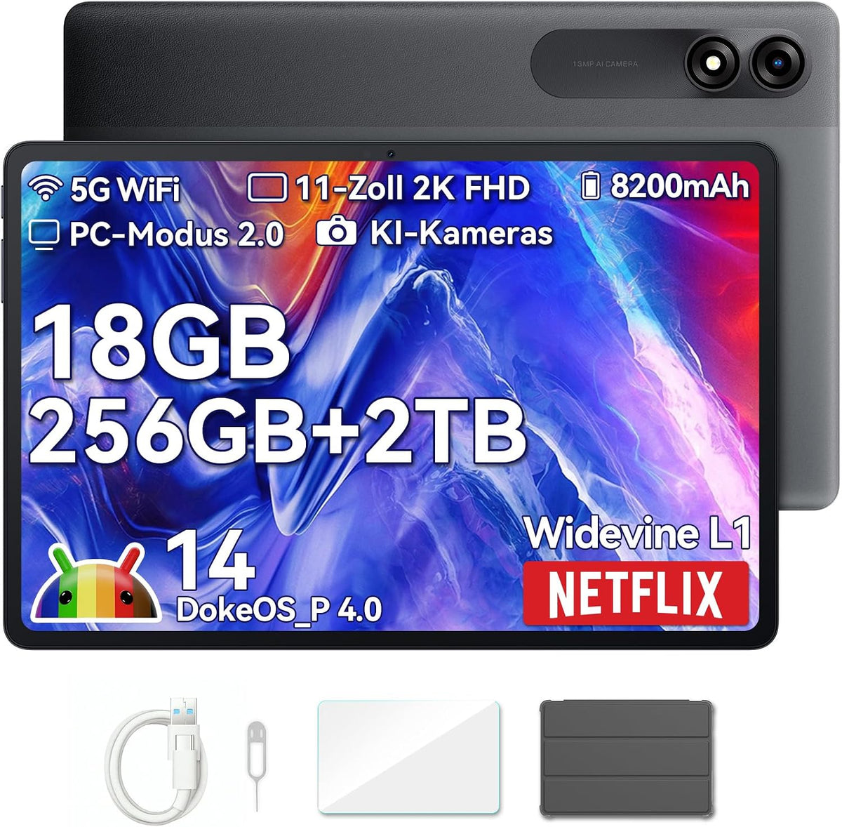 Blackview Tablet, 11 Zoll, Schwarz, Tab9WiFi Android 14 2K FHD+, 18GB + 256GB(TF 2TB), Octa-Core Gaming mit Schutzhülle