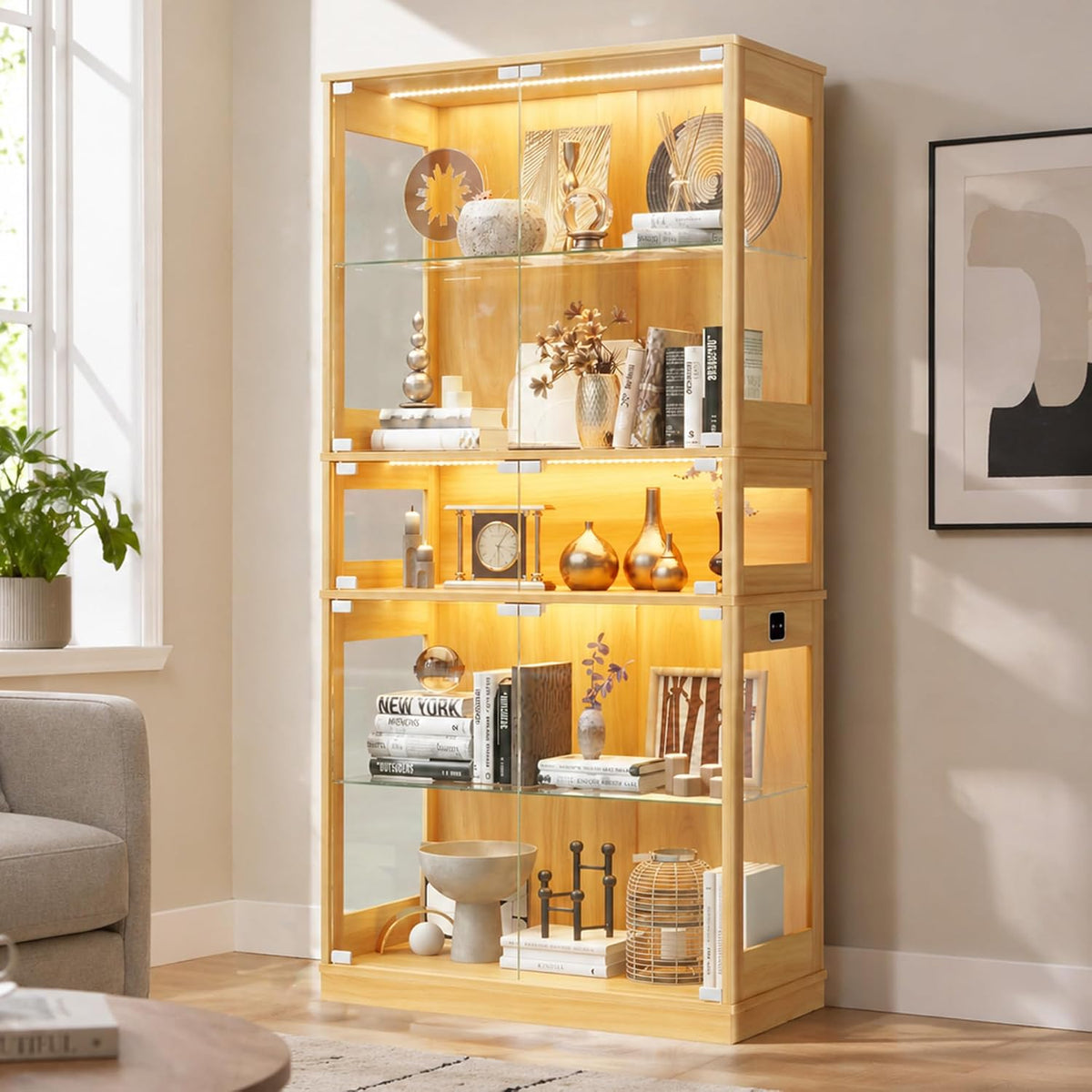 ZKIODV Vitrine, 165x80 cm, Mehrfarbig, Glas mit LED Beleuchtung, 5-Lagen nschrank Glas Stehend, Holz mit Intelligente Sensorik