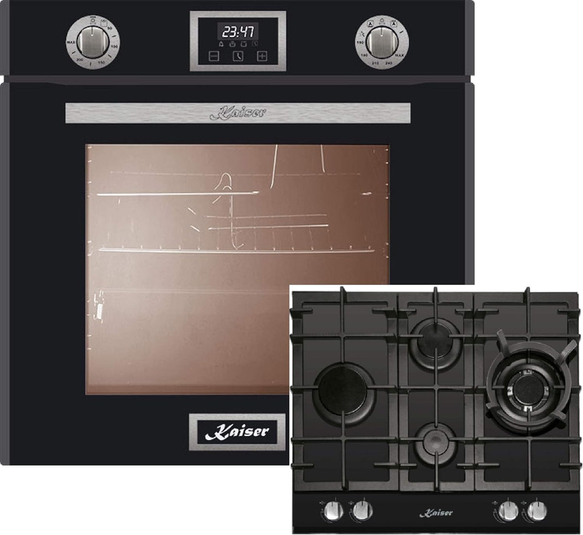Kaiser Backofen, 60 cm, Schwarz, Gas Herdset Autark, Eg 6374 SP Einbau Gas, KCG 6394 Gaskochfeld, Gas Herd mit Selbstreinigung