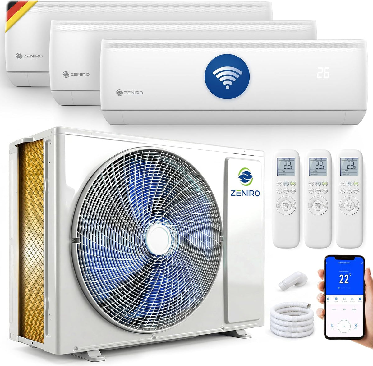 Zeniro Split-Klimaanlage, 2,6 kW, 3,5 kW, 5,3 kW, Weiß/Blau, Multi Split Klimaanlage 2 Innengeräte Set ( + ) Klimagerät