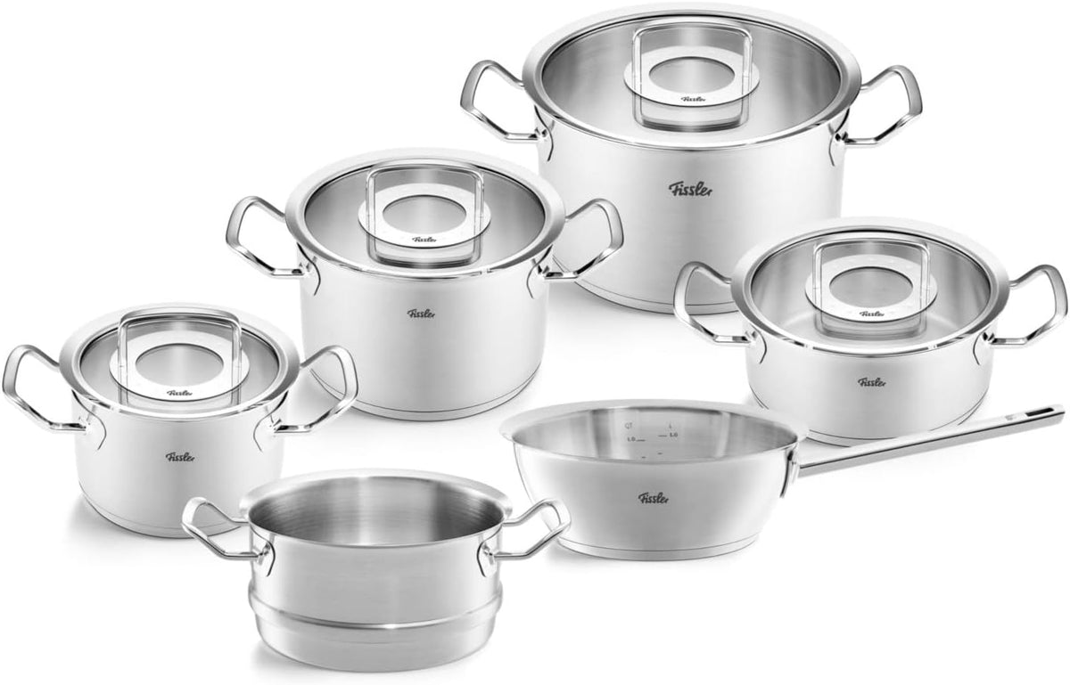 Fissler Original-Profi Collection/Edelstahl-Kochtopfset, 5-teilig, Töpfe mit Metall-Deckel (3 Kochtöpfe,1 Bratentopf 1 Stielkasserolle-deckellos)