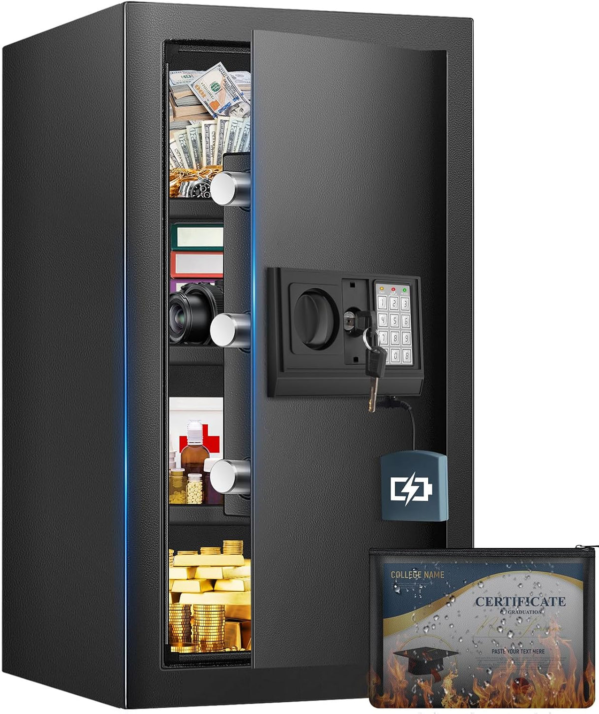 Sanfnz Möbeltresore, 80 L, Schwarz, Digitaler Safe Tresore für Zuhause mit Feuerfester Tasche, Möbeltresor mit Abnehmbares Regal
