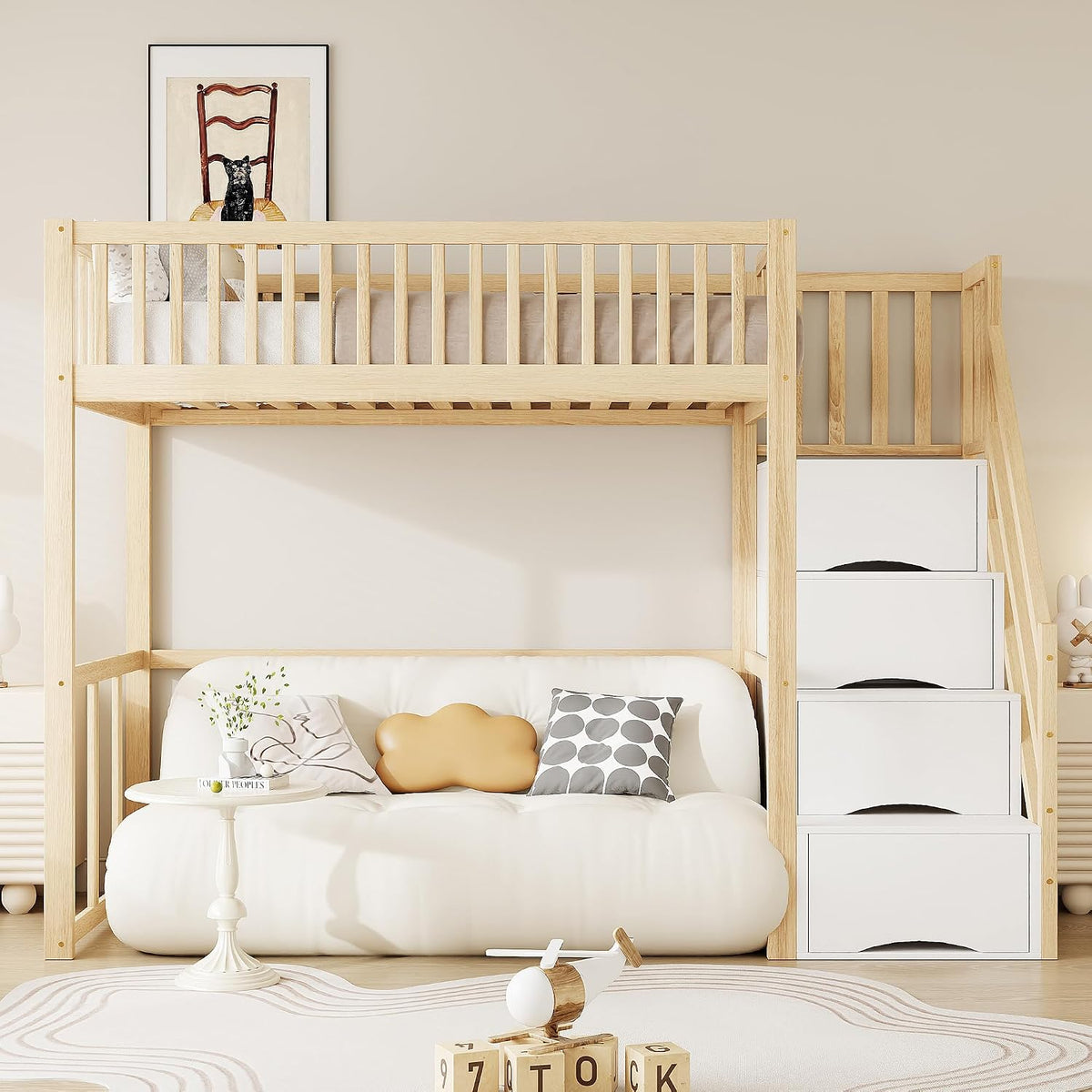 ZYLOYAL10 Bett, Holzfarbe/Weiß, Hoch 90x200 mit Sicherheits-Aufbewahrungsleiter, gestell aus massivem Kiefernholz für Kinder und Jugendliche