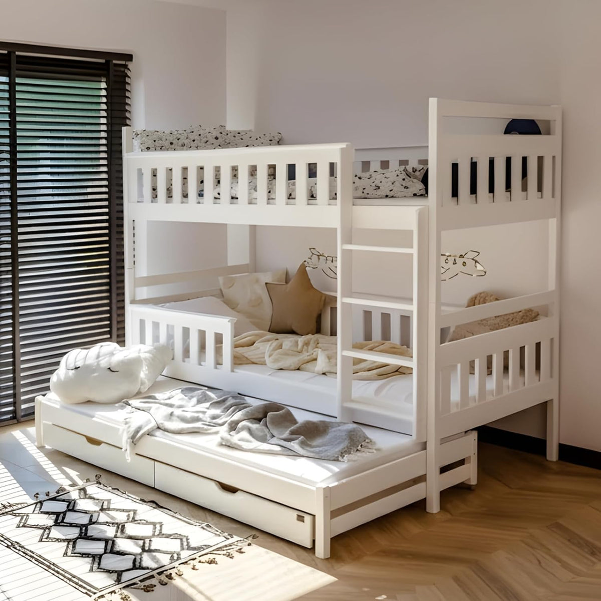 Kids Collective Matratze, FSC-zertifiziertes Kiefernholz, Weiß, Hochbett 90x200 mit 3 n, Ausziehbett Etagenbett mit Ausziehfunktion