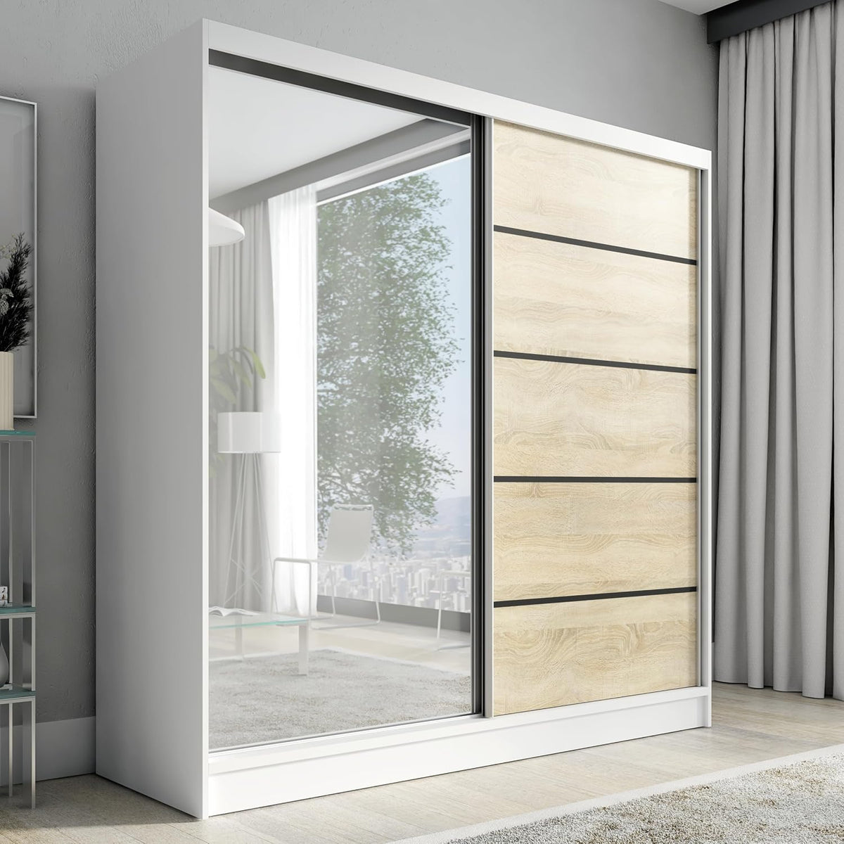 Kleiderschrank A&J MöbelLand, 200 cm, Braun, Schwebetürenschrank Nero 2-türig mit Schubladen und Spiegel, Garderobe (Weiß/Sonoma)