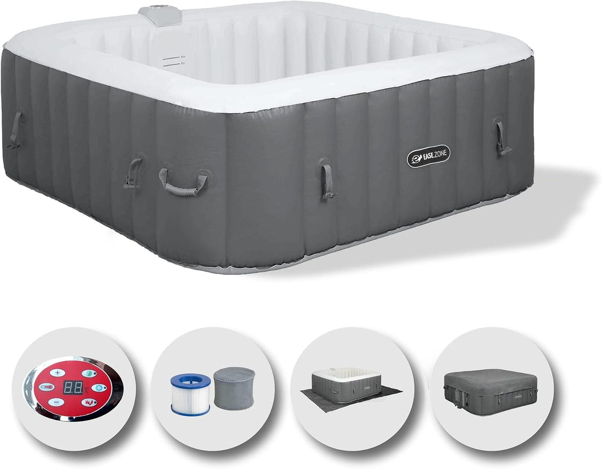 EASE.ZONE Badewannen mit Sprudelfunktion, 145 x 145 x 65 cm, Grau, Whirlpool, aufblasbar, quadratisch, beheizt