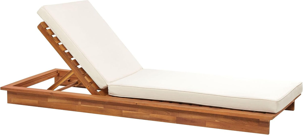 Beliani Liegen, Holz., Braun, Gartenliege Akazienholz Heller Holzfarbton mit Auflage weiß