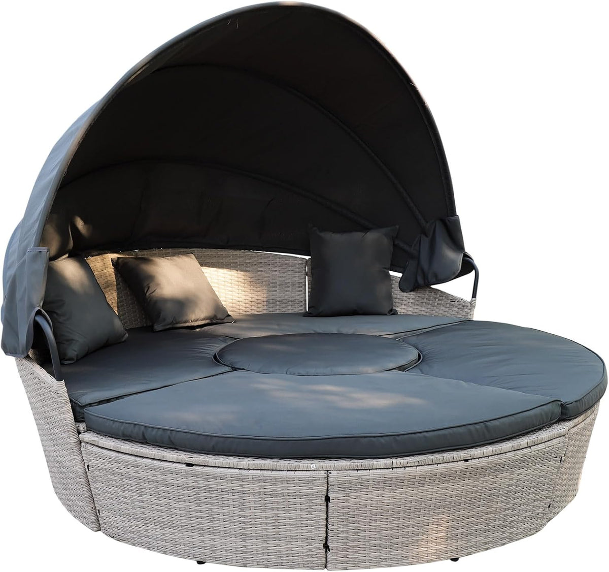 Calma Lux Liegen, 210 cm, Hellgrau/Dunkelgrau, Poly Rattan Sonneninsel XL mit faltbarem Sonnendach Ø 180/, Lounge Sonnenliege Gartenmuschel (Hellgrau