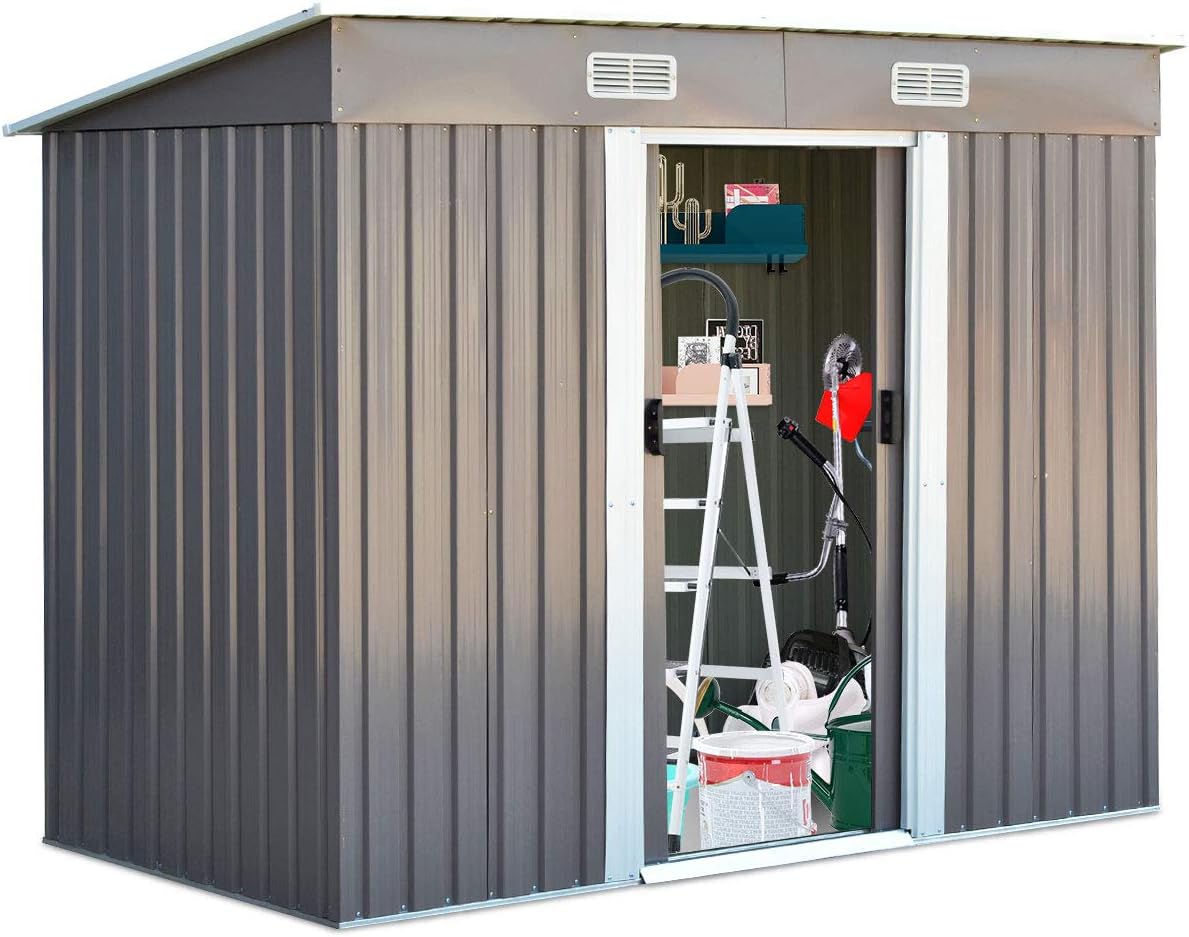 GOPLUS Gerätehaus, 238 x 131 x 181 cm, 4 L, Grau/Weiß, Metall, Geräteschuppen mit 2 Schiebetüren & üftungsfenster &