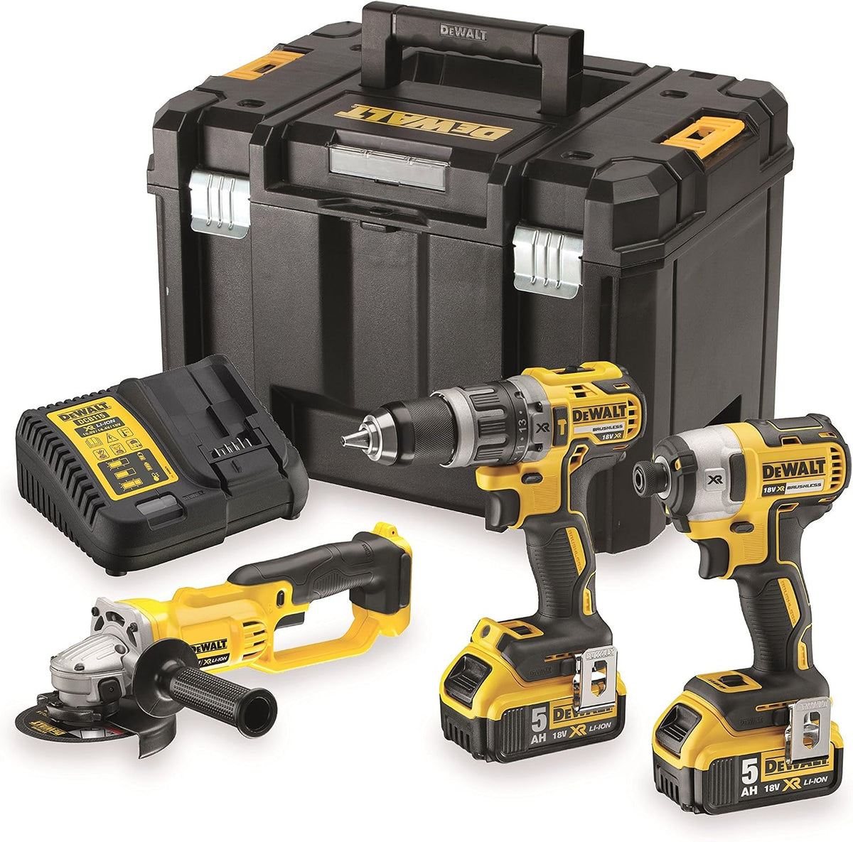 DEWALT Bohrmaschinensets, 18 V, Gelb/Schwarz, dck383p2t-qw Kit Set 3 Werkzeuge, Bohrmaschine Compact, Schlagschrauber und Winkelschleifer