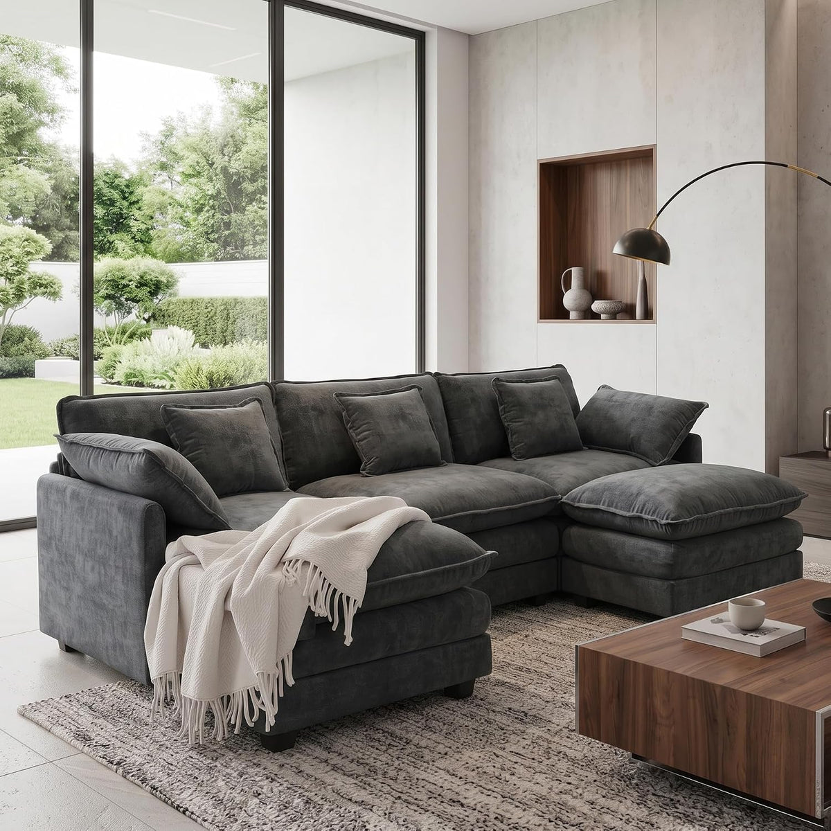 Urhanherry Sofa, Dunkelgrau, U-Form Cloud, Modulares Sektions 5-Sitzer mit 2 Ottomanen, Modernes mit Armlehnen/Dekokissen