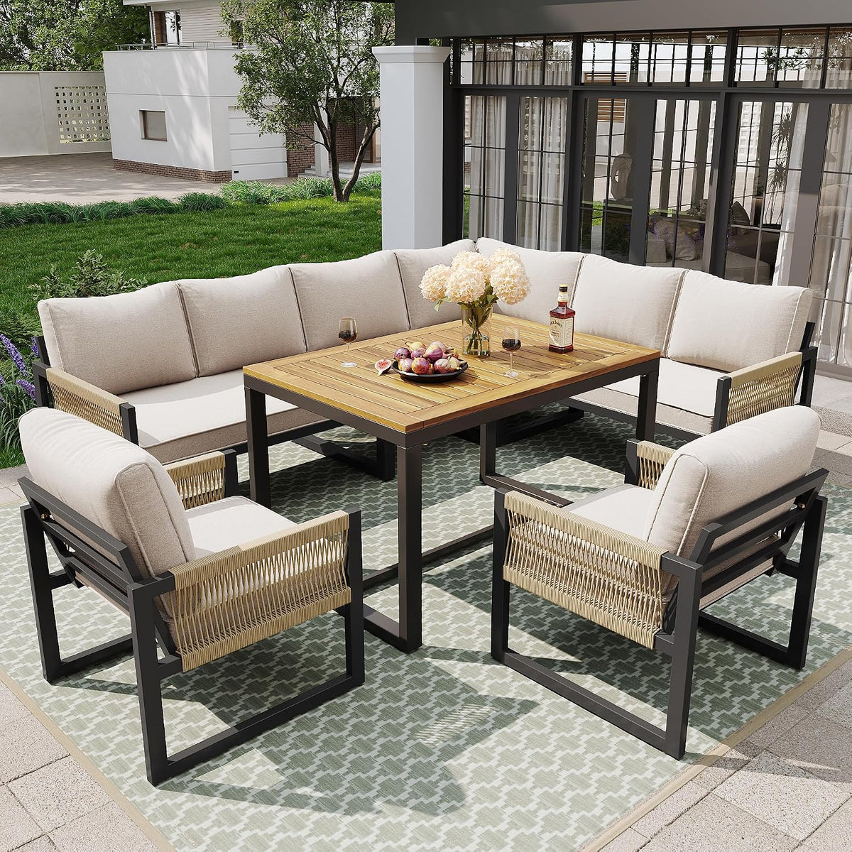 Idemon Essgruppe, Beige/Schwarz/Natur, Garten 7-8 Personen, Gartenlounge-Set, Gartengarnitur Sitzgarnitur, Gartenmöbel Set für Garten