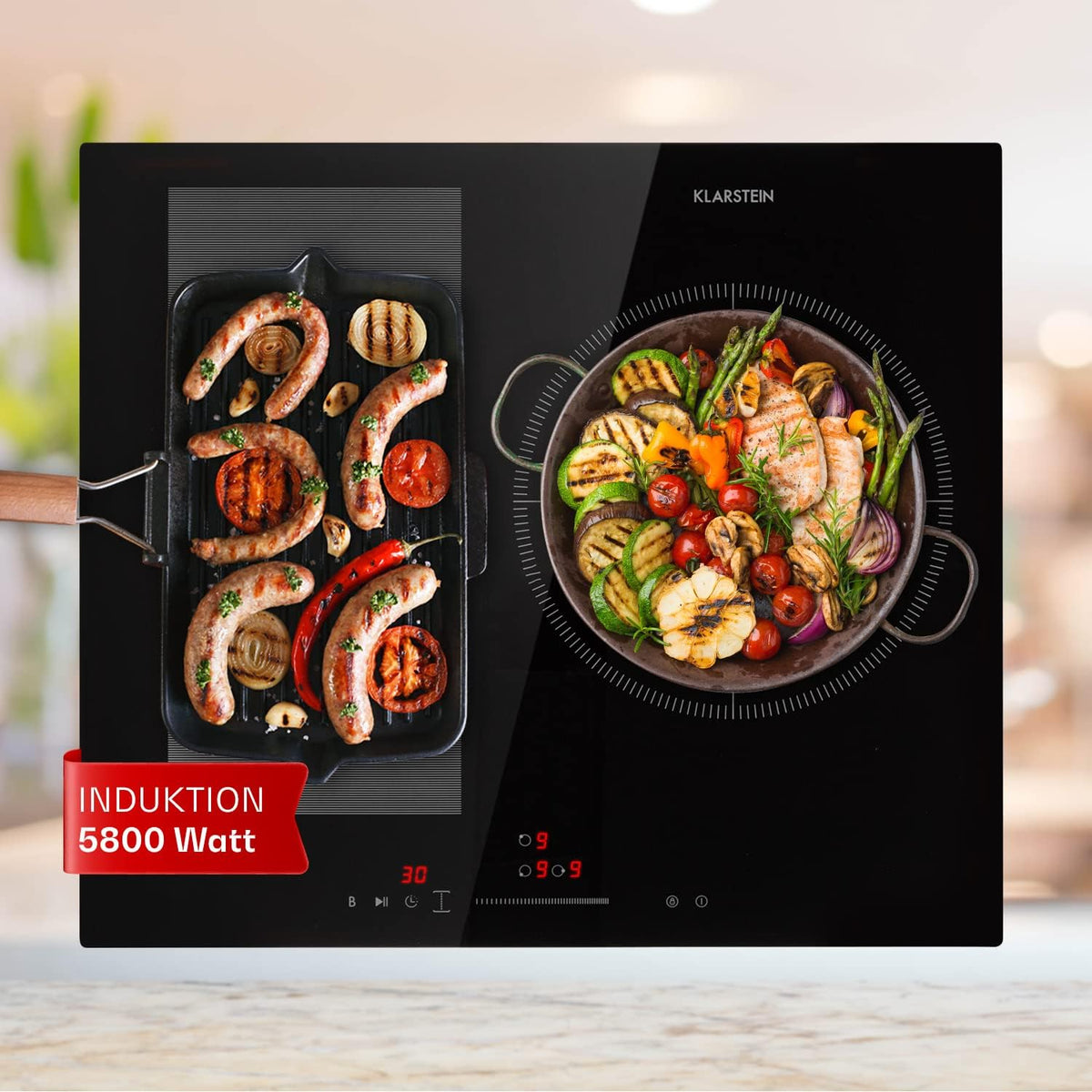 Klarstein Kochfeld, Schwarz, Induktions - Glaskeramik Einbau- Mit 3 Platten, Touch-Display, Digitalanzeige, Timer-Funktion