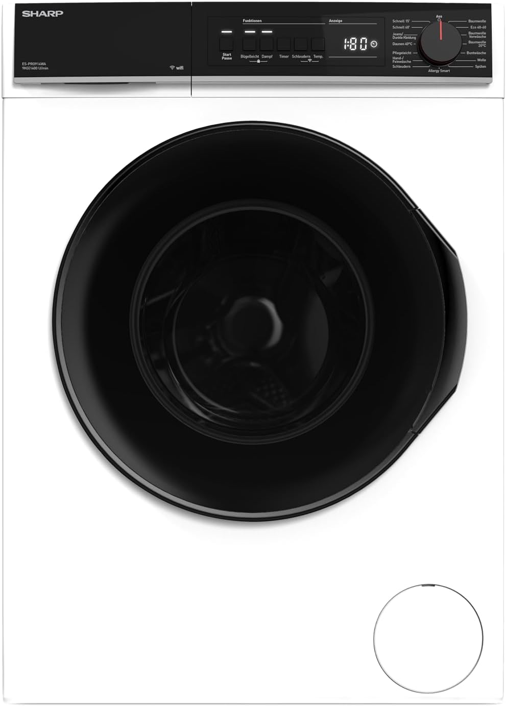 SHARP Waschmaschine, 9 kg, weiß/schwarz, ES-PRO914WA-DE Frontlader, 1400U/min, Smarte Bedienung durch Veezy App