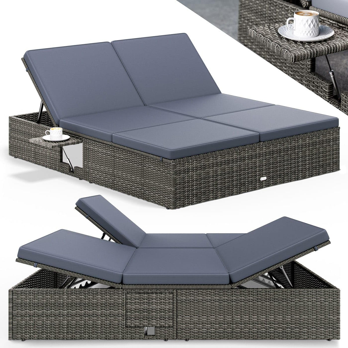 Casaria Waschmaschine, 200x160 cm, 220 kg, 7 cm, Grau/Anthrazit, Sonnenliege 2 Personen mit Klapptisch Auflagen Wetterfest