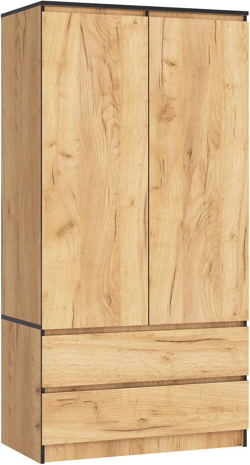 AKORD Kleiderschrank, 90 cm, 16 mm, Braun, Zweitüriger S 2 Schubladen mit Regalen und Einer
