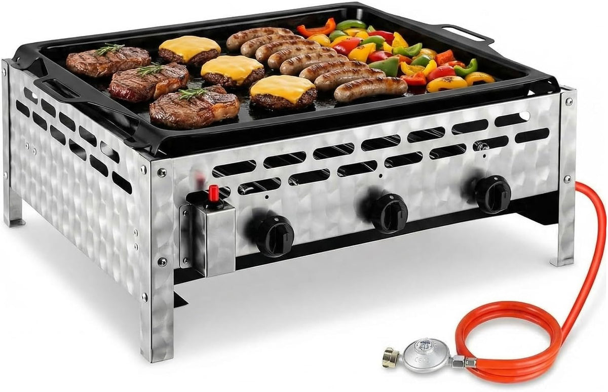 TLSUNNY Gasgrill, 69x52x27 cm, 12 kW, Silber/Schwarz/Orange, Edelstahl Gasbräter 3-flammig, Kommerzieller, Gleichmäßig Tischgrill für Gastronomie