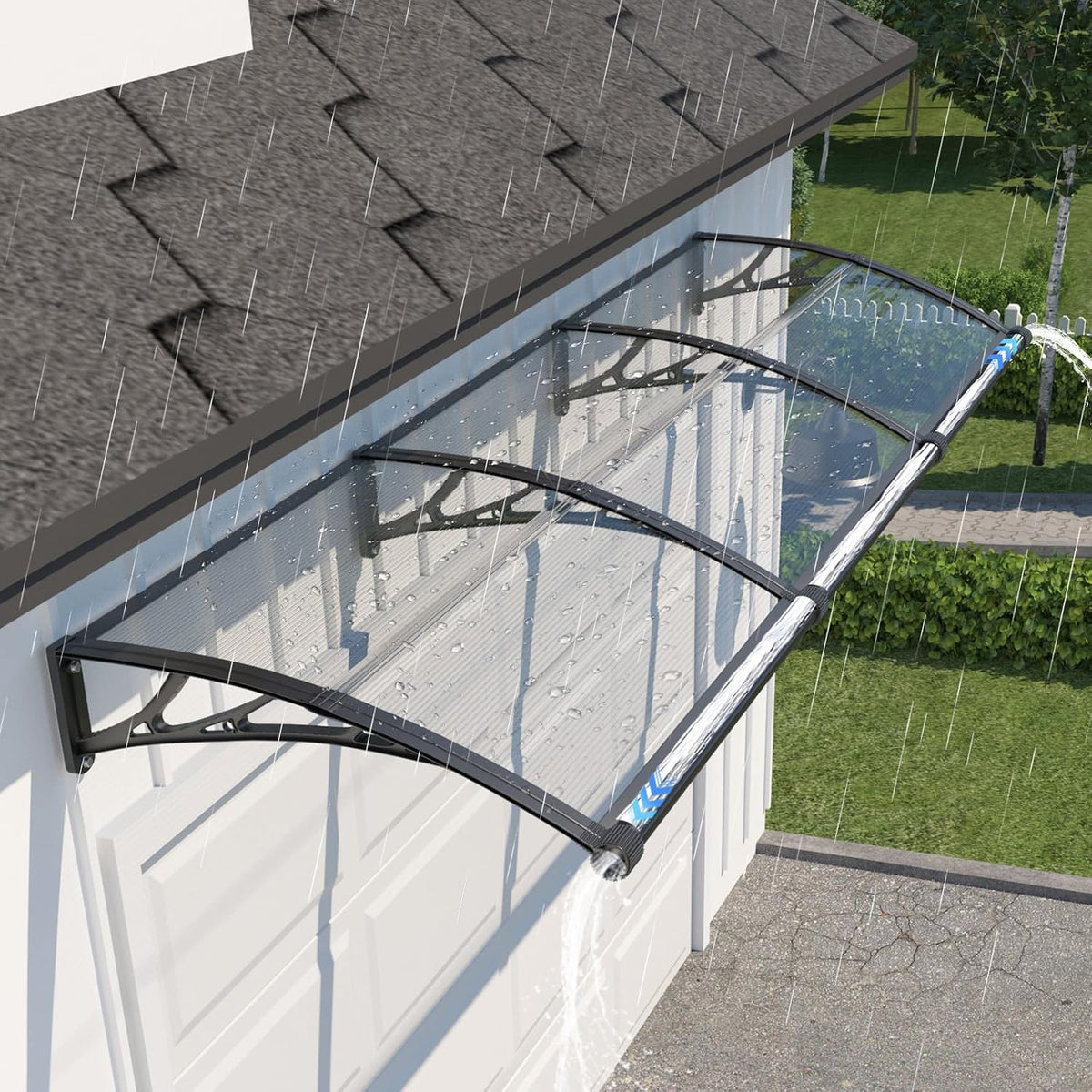 GUANSU-CN Pavillion, 100x300 cm, Transparent/Schwarz, Vordach für Haustür, Überdachung Haustür aus Polycarbonat