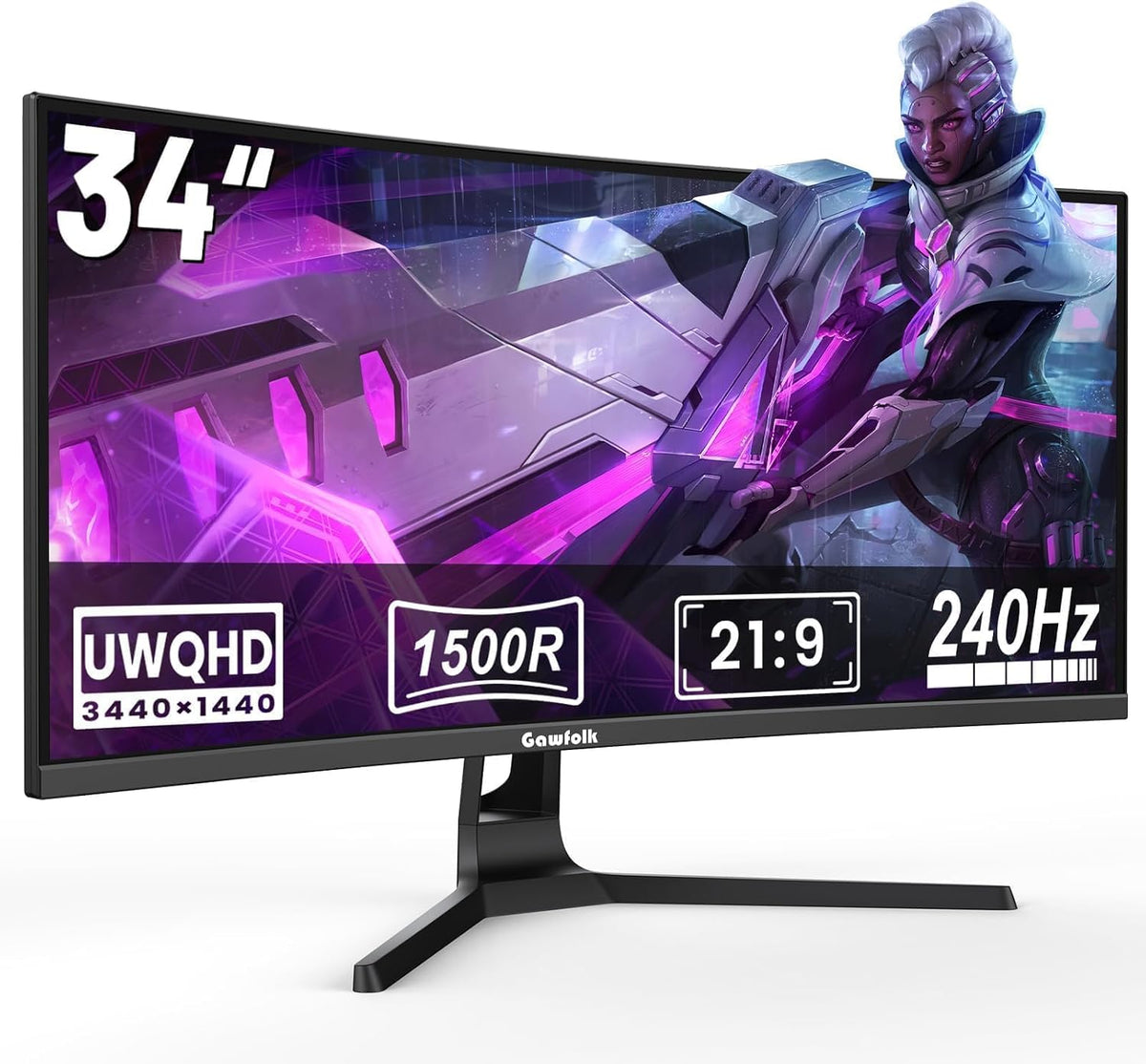 Gawfolk Monitor, 34 Zoll, Schwarz, Gaming Curved 240Hz, 1500R Ultrawide PC Bildschirm UWQHD 3440x1440P, Adaptive Sync