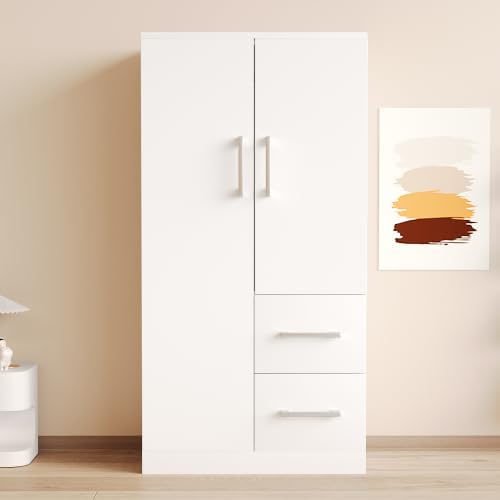 Kleiderschrank Merax, 70×40×135 cm, Kiefernholz + Sperrholz + MDF, Weiß, Kinder, Holz, Doppeltüriger Garderobenschrank mit Schubladen & Staufächern