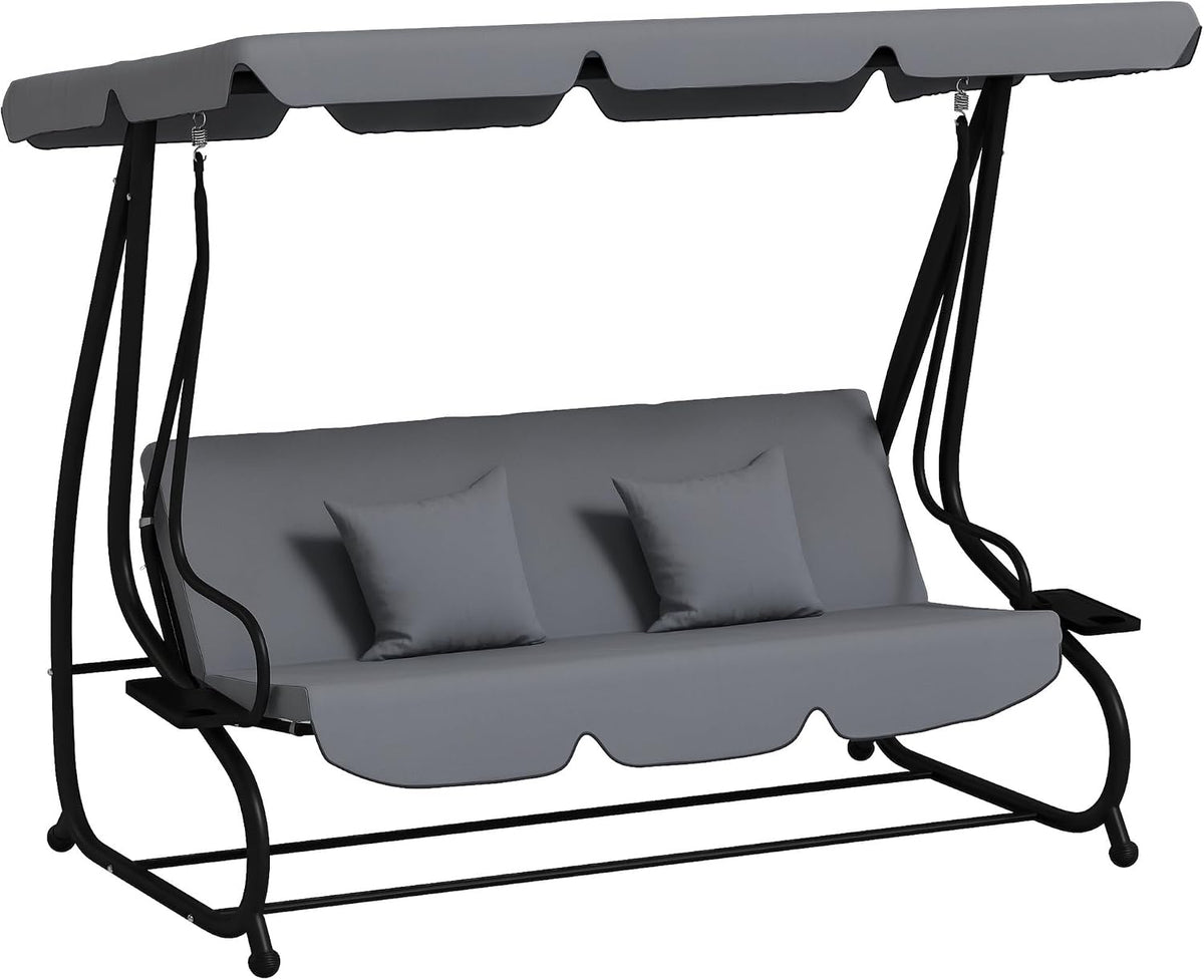 Outsunny Verandaschaukeln, 1,64 m, Schwarz, Gartenschaukel 3-Sitzer Convertible Dach Verstellbare, 2 x Stahl Polyester Dunkelgrau