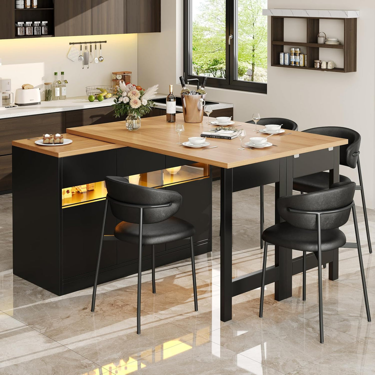 Huayz Sideboard, 180 cm, Grau, Ausziehbarer Bartisch mit LED-Beleuchtung und 360°, Längenverstellbar 120-, Moderner Kücheninsel Tisch mit Stauraum