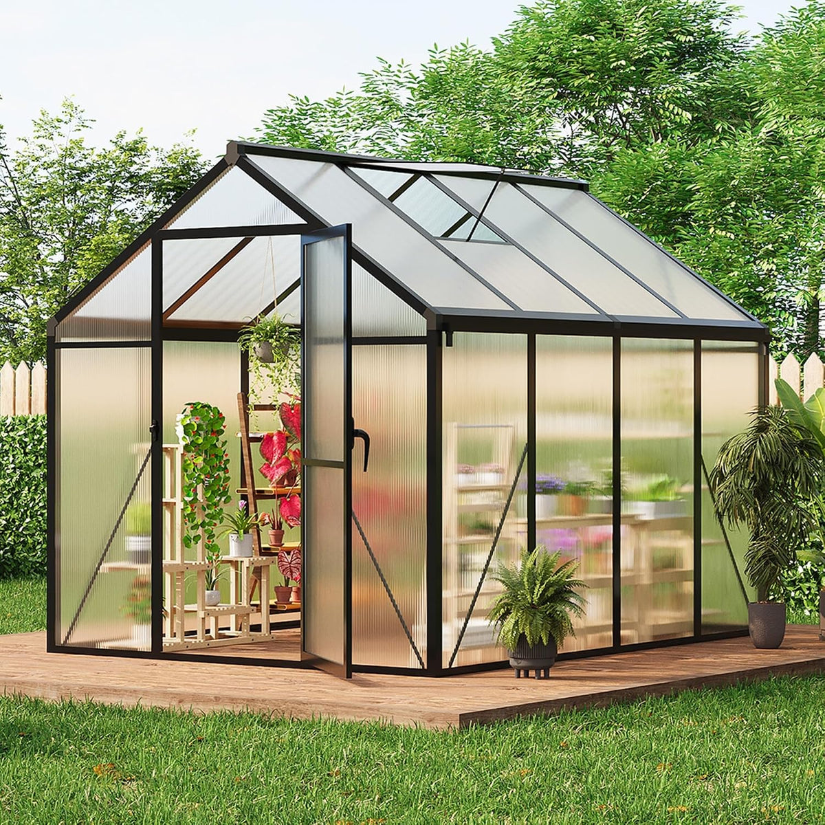 GarveeHome Dachfenster, Schwarz/Transparent, Stabiles Aluminium-Gewächshaus für Außenbereich, Polycarbonat, begehbar