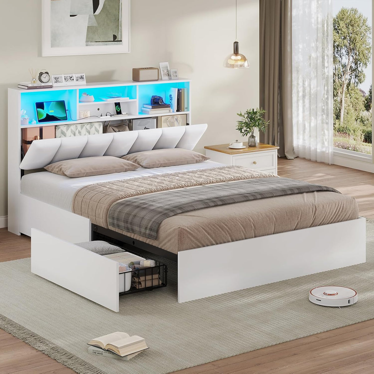 AOGLLATI Matratze, 140 x 190 cm, 140×190 cm, Weiß, Bett, Polsterbett mit Ladestation und LED-Beleuchtung, 4 Schubladen