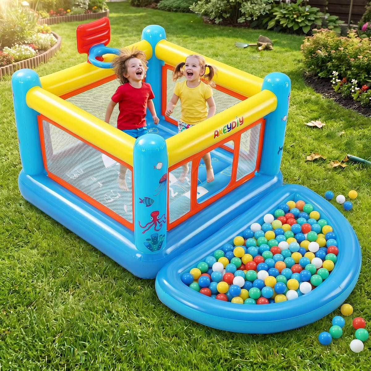 AKEYDIY Hüpfburgen, Mehrfarbig, Aufblasbare Hüpfburg für Kinder 3, 6 Jahre, Kleine PVC Hüpfburg mit Basketballkorb & Hüpfspiel
