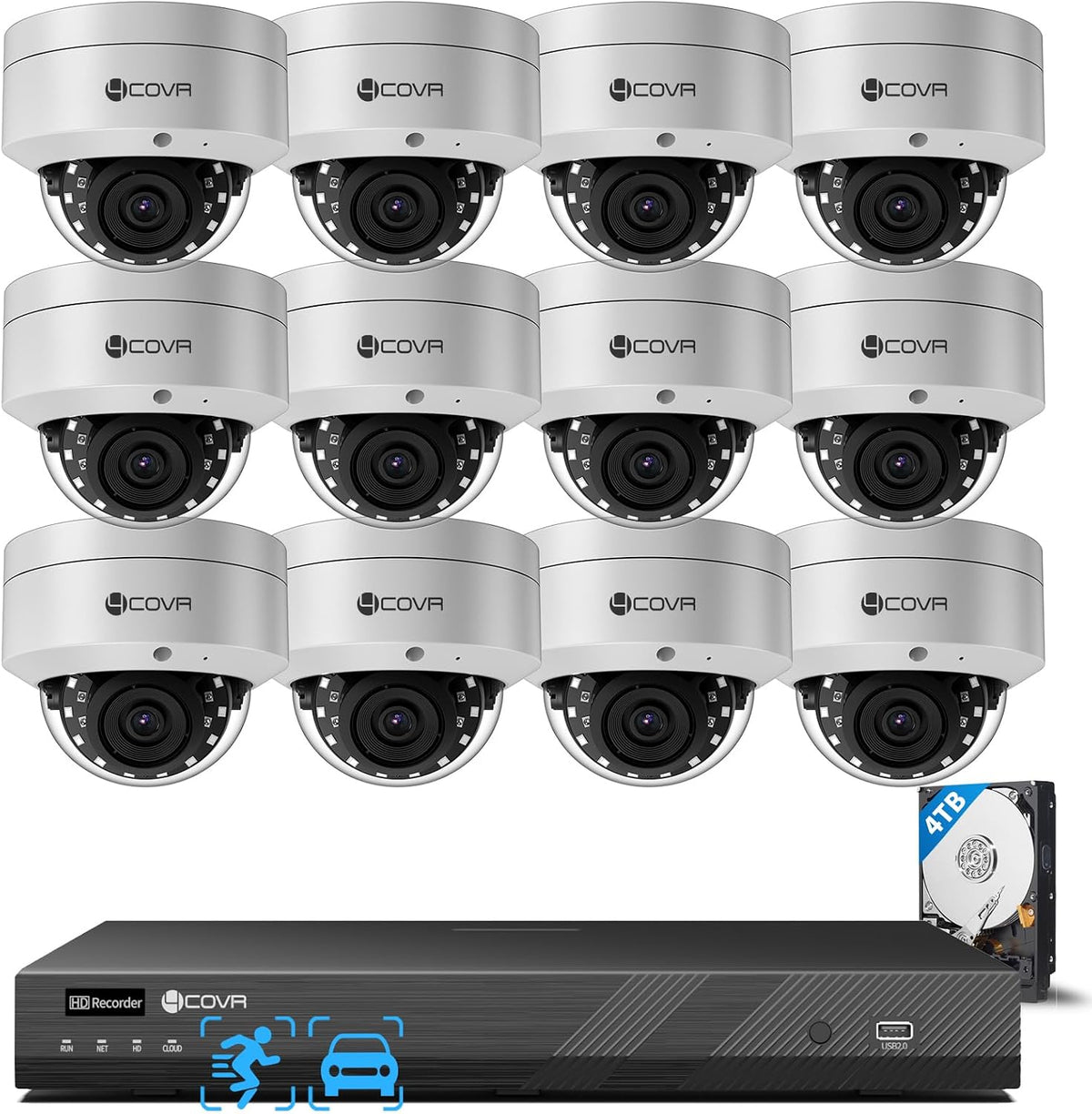 4COVR Überwachungskamera, Silber/Schwarz, Aussen Set 4K, PoE System mit 12X 8MP IK10 Vandalensicheren Dome IP, KI Personen-/Fahrzeugerkennung