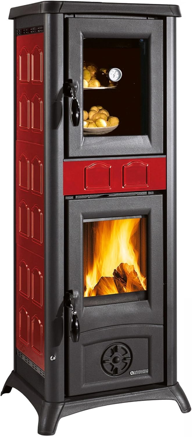 La Nordica Kaminofen, 1207 mm, Schwarz/Rot, Holzofen 'Gemma Forno' mit emailliertem Ofen, Außenverkleidung aus Steingut