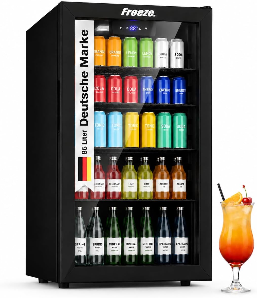 FREEZE. Getränkekühlschrank, 86 L, Schwarz, NinetyB+, Mini-Kühlschrank für 126 Dosen, Glastürkühlschrank, Weinkühler